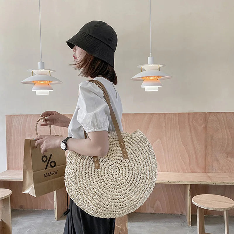 Round Straw Beach Tote for Women Large Capacity Bag - Smarsty