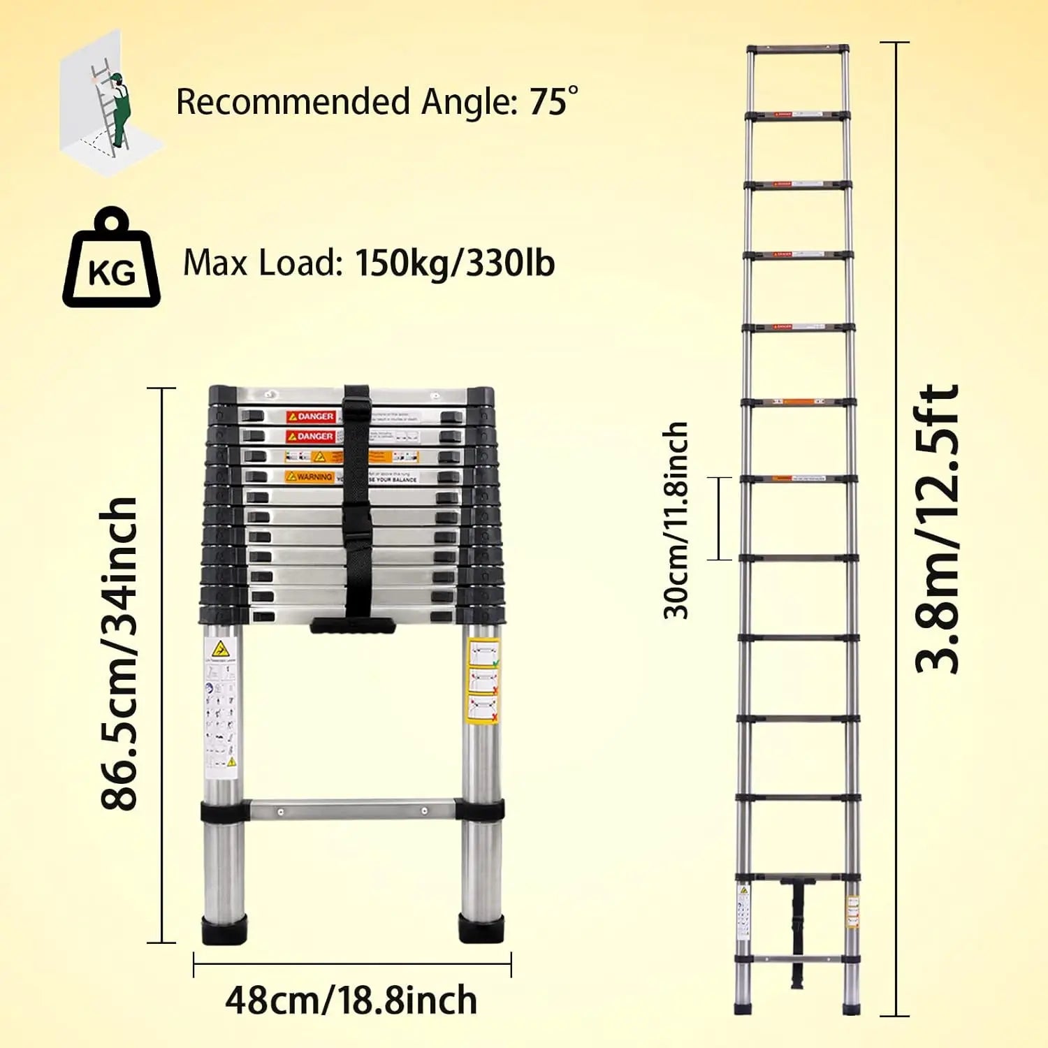 DayPlus Telescoping Ladder Stainless Steel Folding Ladder Portable Extendable Loft Ladder Capacity Max Load 150kg/330lb,EN131