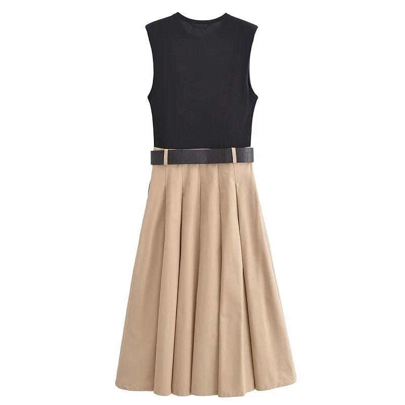 MUJER 2025 Woman Dresses Belt Pleated Midi Dress Women Sleeveless Summer Dress Woman Knitted Party Dresses for Women Sundress - Smarsty