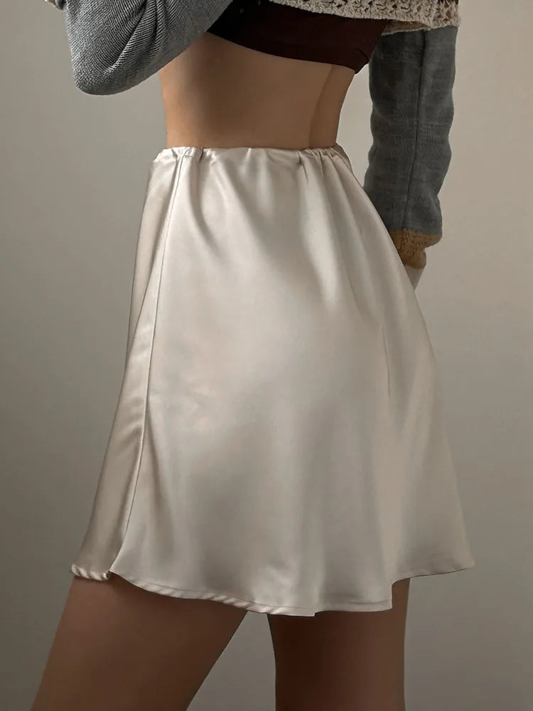 Satin Mini Skirts Women Summer Beige Silk Short Skirt For Woman Drawstring High Waist Black Satin Skirt A Line Women Short 2025 - Smarsty