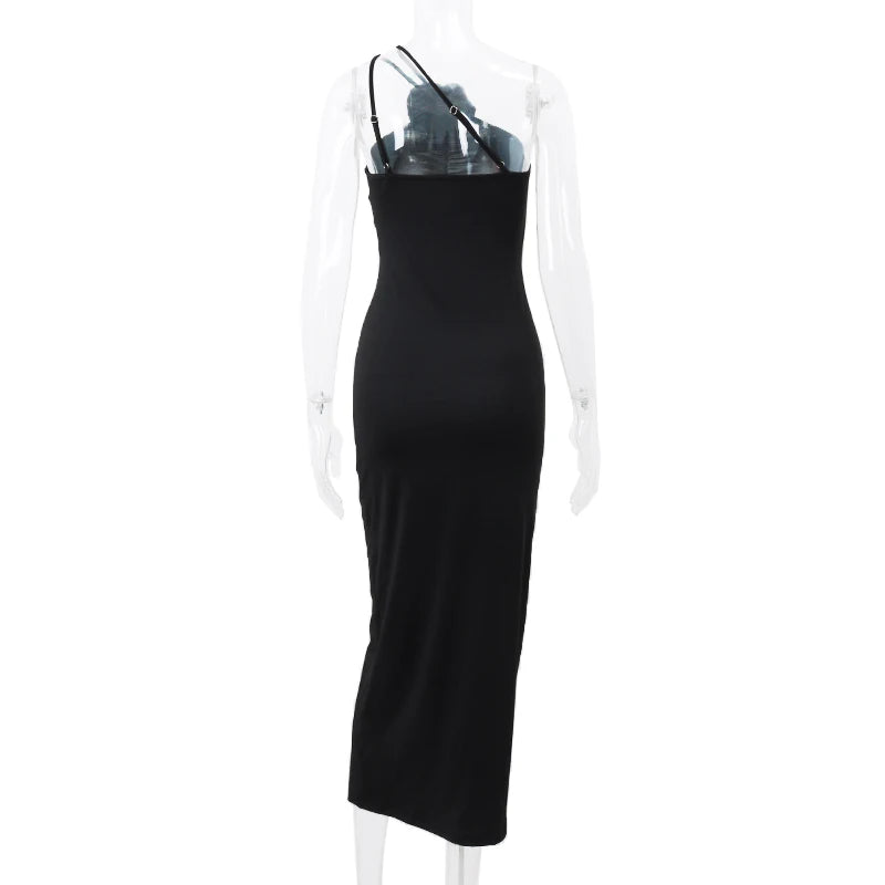 WhereMery Elegant Women Solid Sleeveless Slim Dress Aesthetic Oblique Strap Backless Prom Dresses Fashion Evening Party Clothing - Smarsty