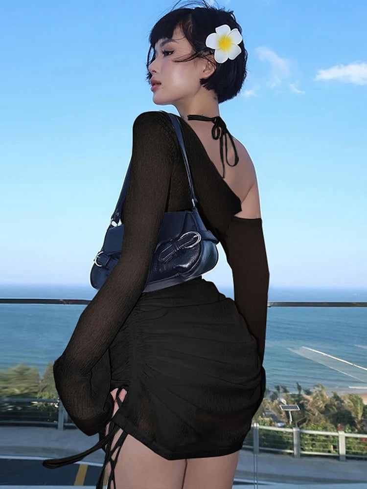 Dulzura Solid Skew Collar Ruched Straps Lace-Up See Through Draw String Mini Dress 2023 Summer Women Party Clubwear Wholesale - Smarsty