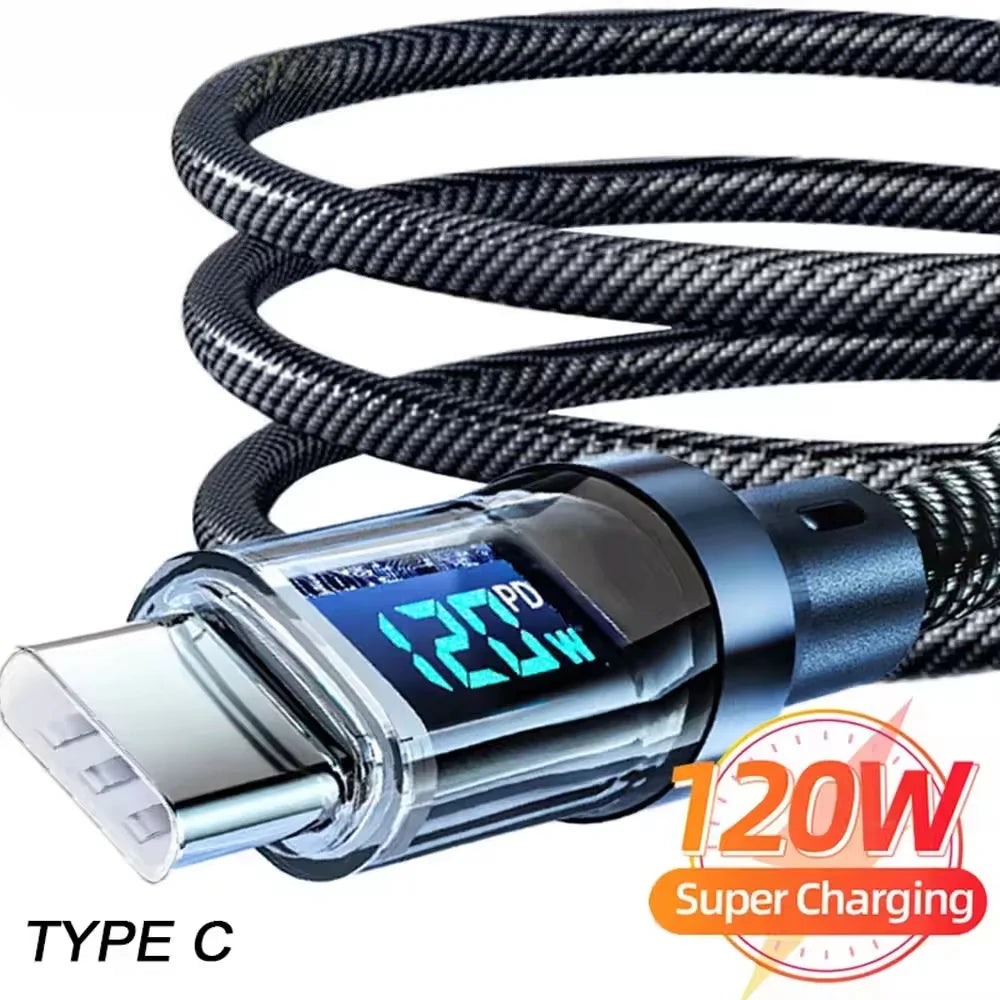 120W Type C to Type C Cable Phone Super Fast Charging Cable With LED Display USB To Type-C Data Cord For Xiaomi Samsung Huawei - Smarsty
