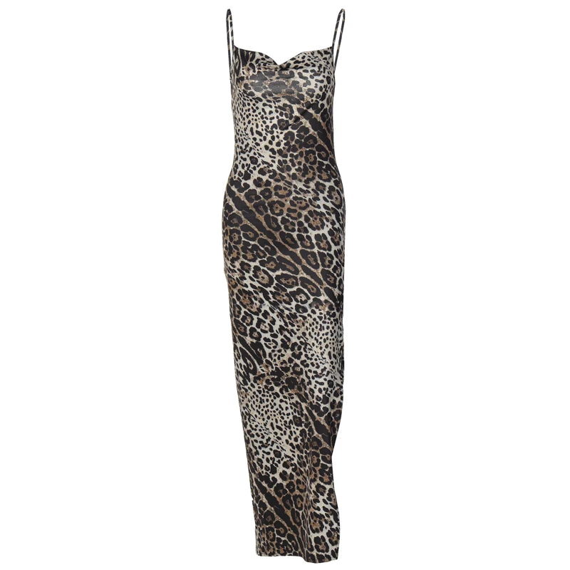 Hugcitar Leopard Print Swing Collar Sleeveless Sexy Maxi Slit Prom Dress Summer Women Fashion Y2K Clothes Party Beach Vacation