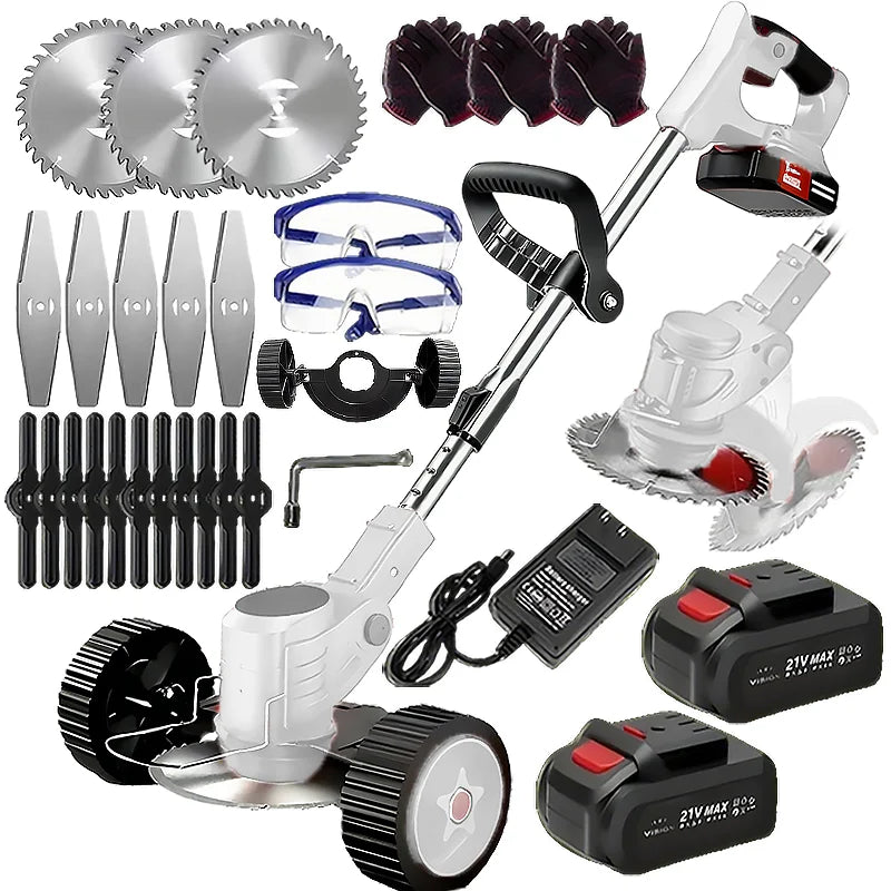 Wireless portable weed trimmer for lawn trimming. The trimmer is equipped with 2 lithium batteries and comes with replaceable bl