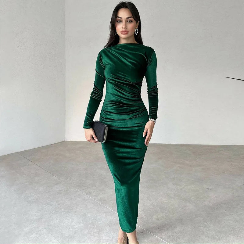 Dulzura 2024 Spring Summer Velvet Long Sleeve Midi Dress For Women Ruched Long Dress Elegant Party Clothes Evening Green Outfits - Smarsty
