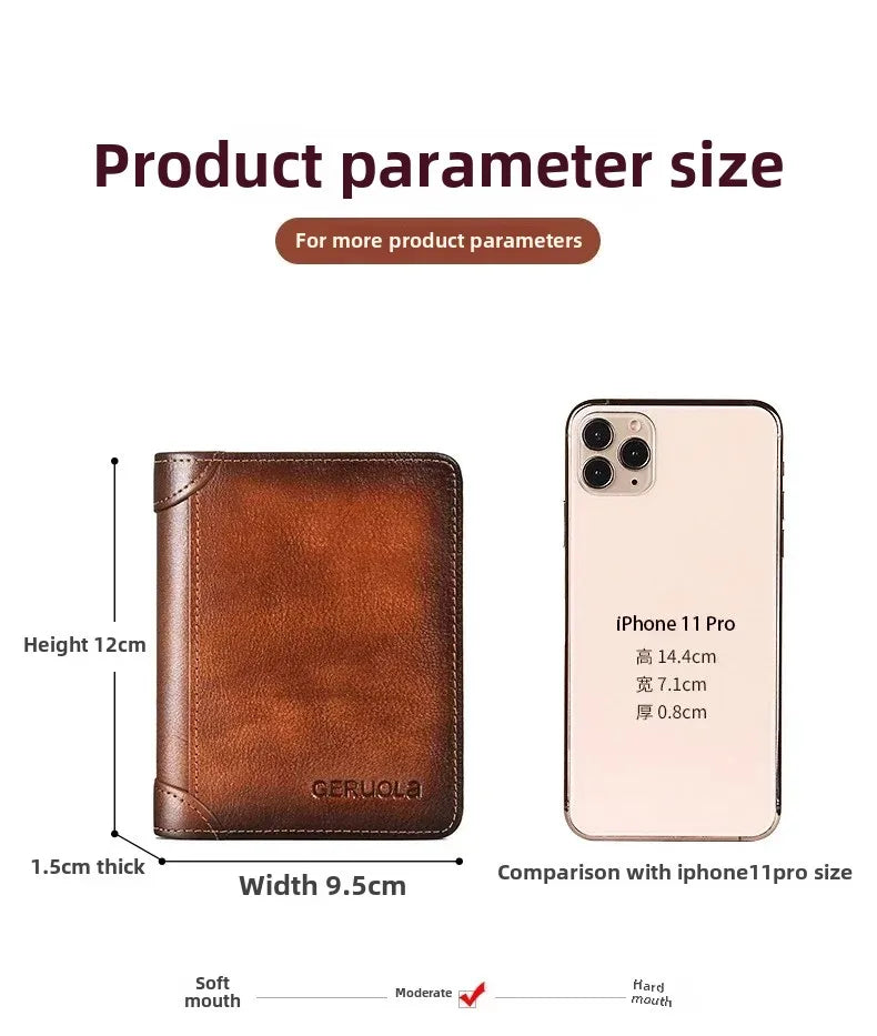 Men Wallet Genuine Leather Rfid Blocking Trifold Wallet Vintage Thin Short Multi Function ID Credit Card Holder Male Purse Money