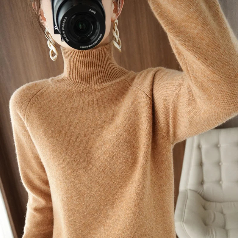Fashion Basic Autumn Winter Merino Wool Sweater Mock Neck Cashmere Pullover Solid Color Soft Long Sleeve Clothing Tops - Smarsty