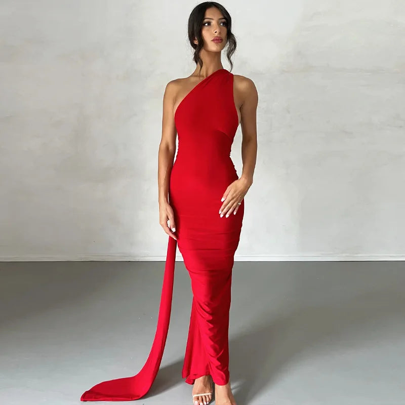 Hugcitar One Shoulder Backless Adjustable Scarf Loop Ruched Sexy Maxi Dress Women Elegant Y2K Streetwear Festival Outfit - Smarsty