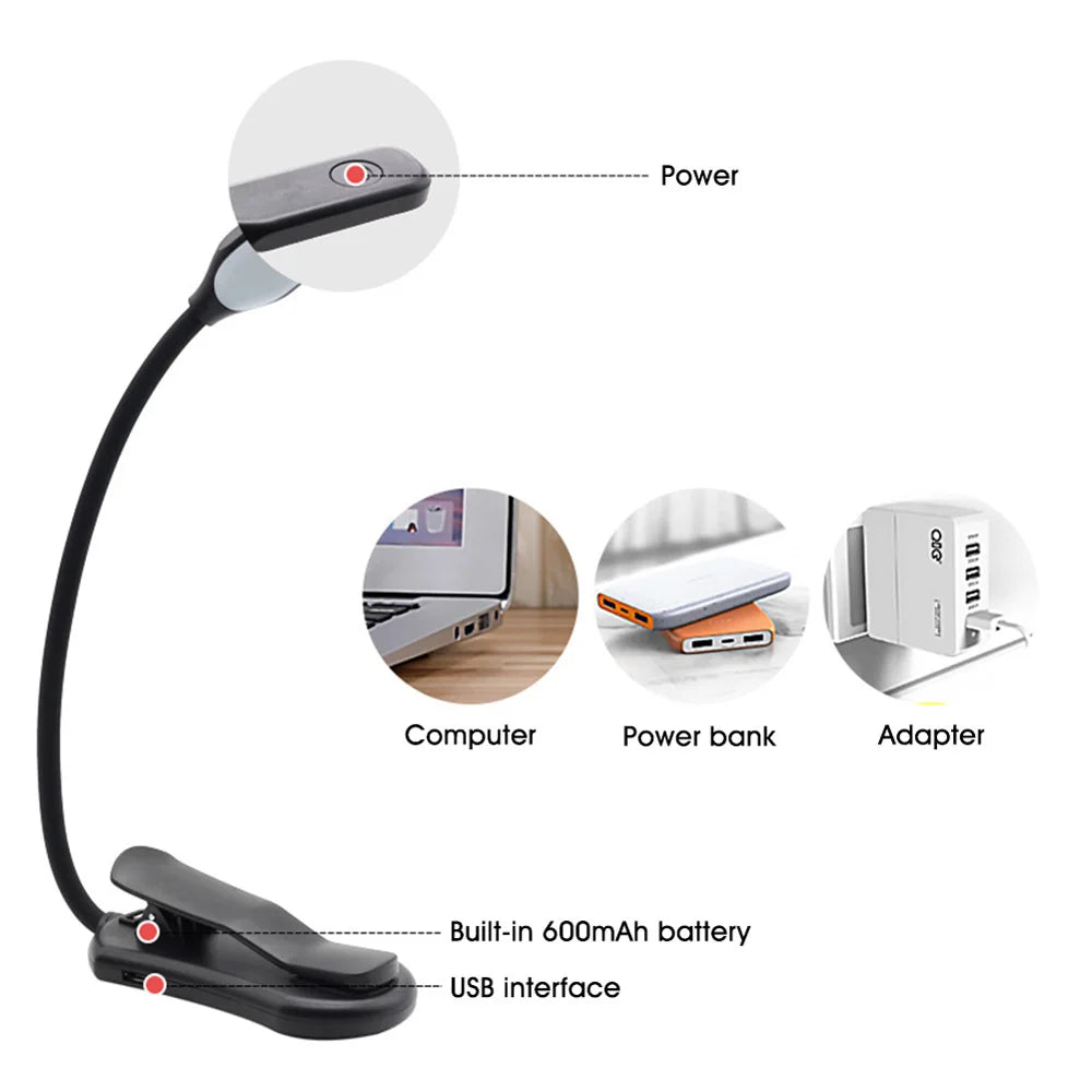 USB Rechargeable LED Book Light with Flexible Clip - Smarsty