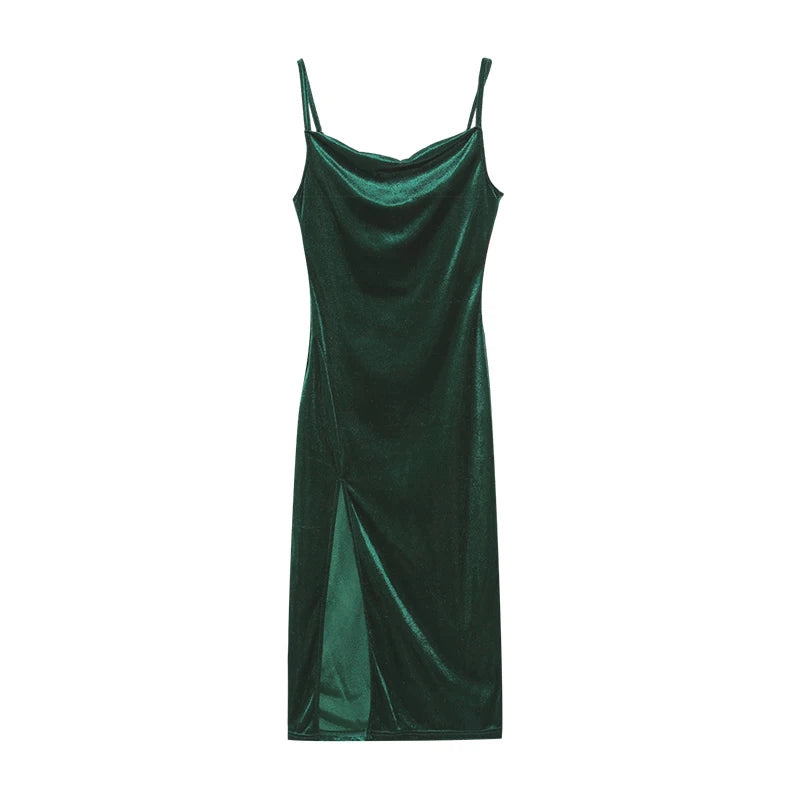 Velvet Swing Collar Sleeveless Slip Sexy Slit Maxi Dress 2024 New Fashion Evening Party Women Elegant Streetwear Y2K