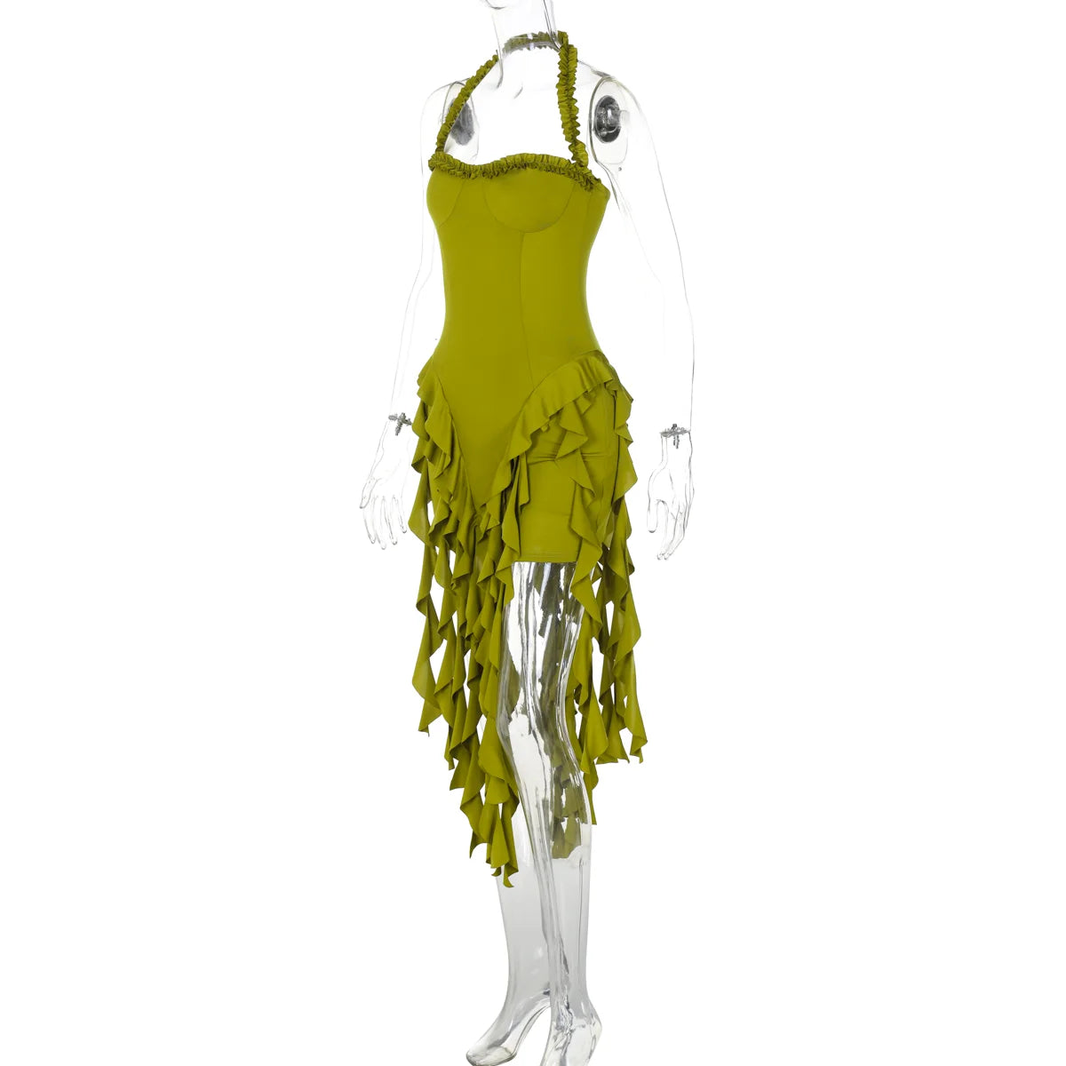 Dulzura Sleeveless Halter Ruffles Patchwork Mini Dress Women’S Solid Sexy Outfit Prom Party Clubwear Autumn Winter Clothes - Smarsty