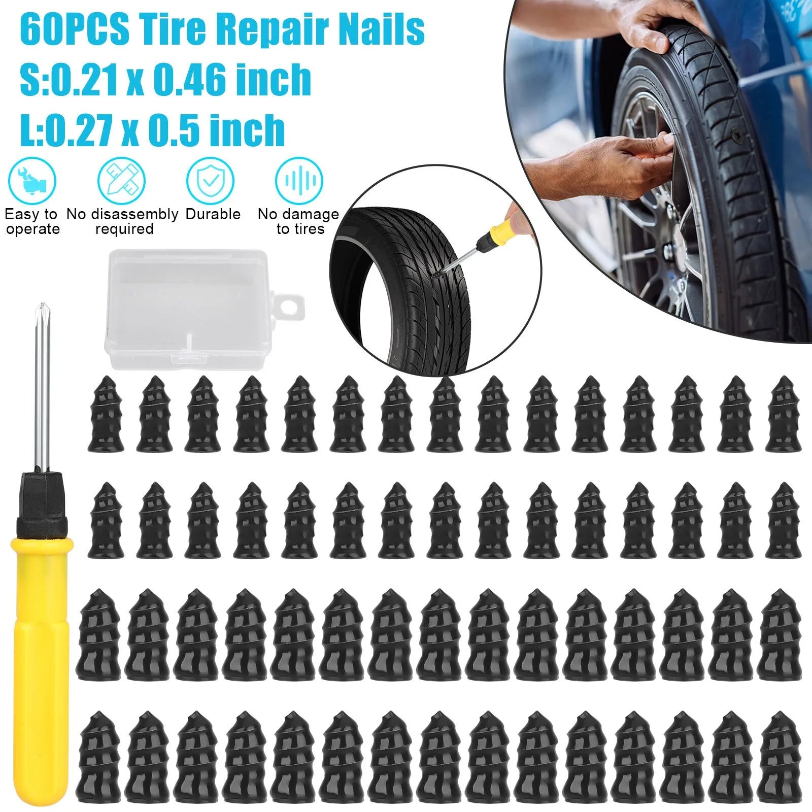 60PCS Car Vacuum Tire Repair Nail Rubber Screw Nails+ Tool Set w/Box Moto Tyre Repair Stud Patch Car Nail with screwdriver
