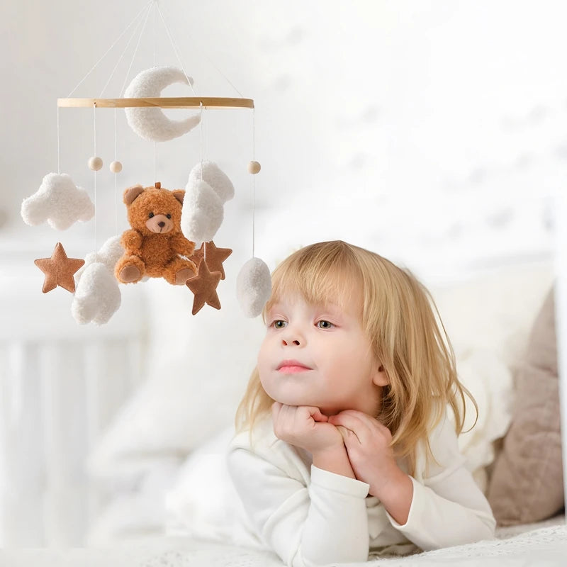 Wooden Crib Mobile Baby Bed Bell Rattle Toy Soft Felt Cartoon Bear Mobile Hanging Newborn Music Box Bed Bell Hanging Bracket Toy by Smarsty