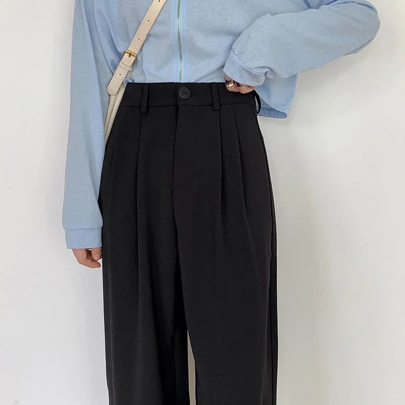High Waist Women Suit Pants Fall Straight Office Ladies Korean Fashion Trousers Casual Button Loose Female Black Pants New 2024 - Smarsty