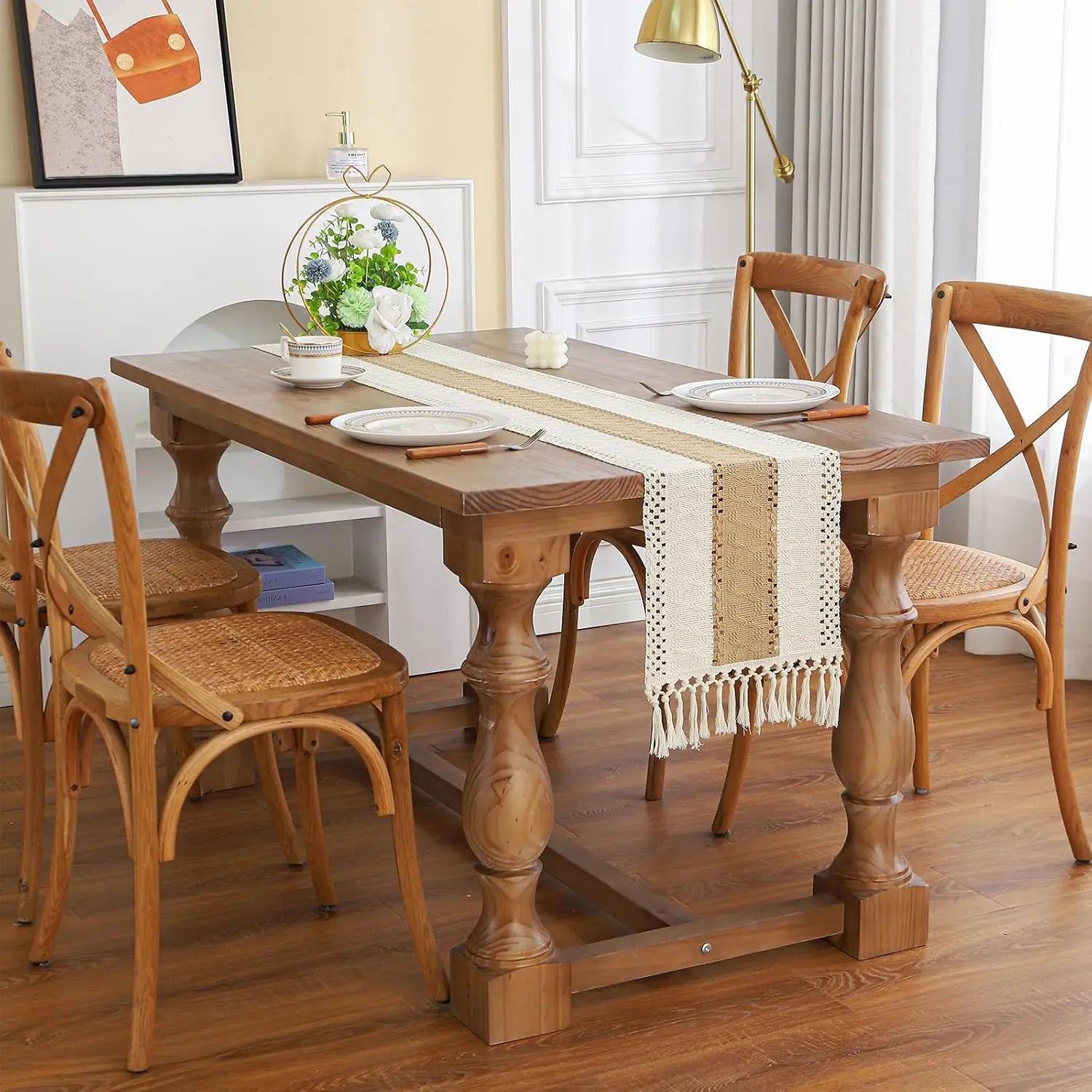 Boho Farmhouse Linen Table Runner with Tassels - Smarsty