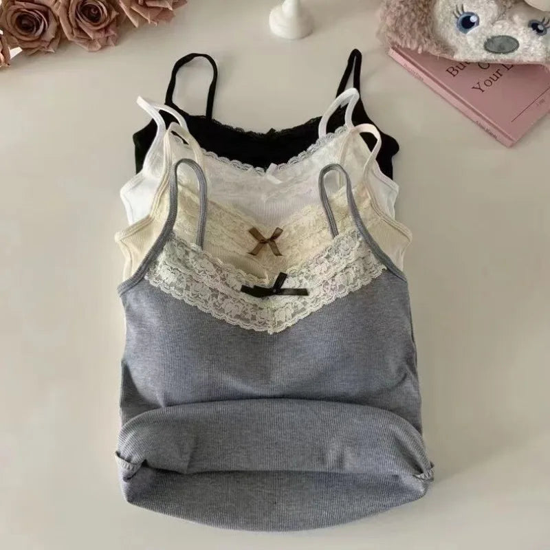 New Knitted Crop Top For Women Solid Color Lace Sling Tops Knitwear Tank Top Female Sexy Slim Camisole Sweet Short Beau Back Top
