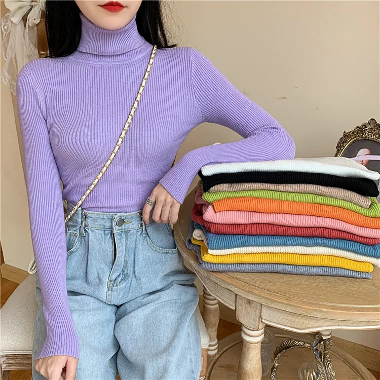 2025 Autumn Winter Women Long Sleeve Knitted Foldover Turtleneck Ribbed Pull Sweater Soft Warm Femme Jumper Pullover Clothes - Smarsty