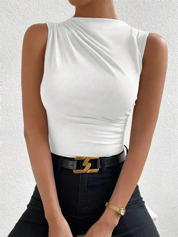 Fashion Casual Mock Neck Ruched Tank Top for Women Summer 2024 Solid Color Pleated Sleeveless Tee Shirt Tshirt Streetwear Y2K - Smarsty