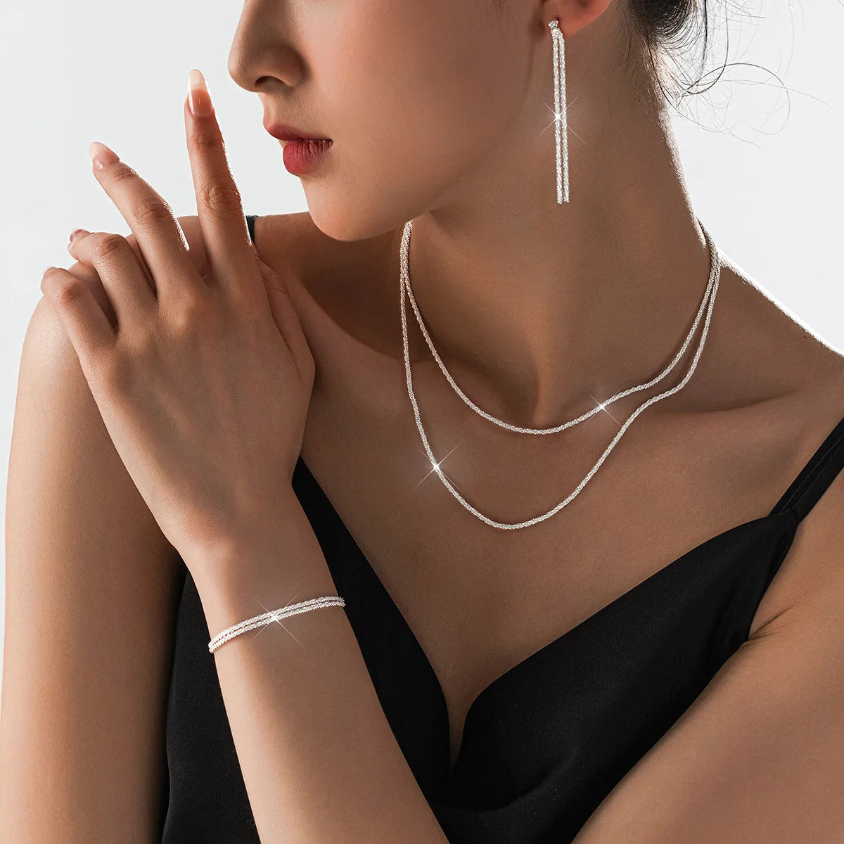 Shiny Silver Plated Necklace and Bracelet Jewelry Set - Smarsty