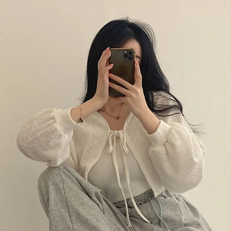 White Knitted Cardigan for Women Summer Thin Sunscreen Lace-Up Knitwear Tops Female Fashion Korean Lantern Sleeve Short Coat - Smarsty