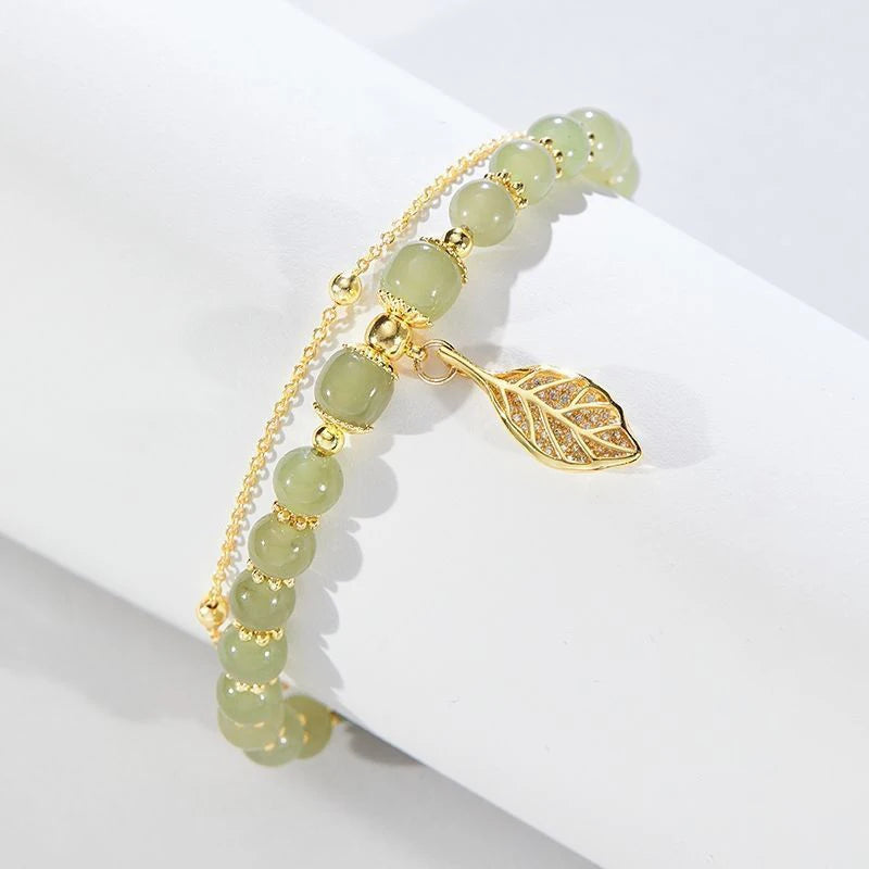 Exquisite Green Jade Bracelet for Women with Gold Leaves - Smarsty