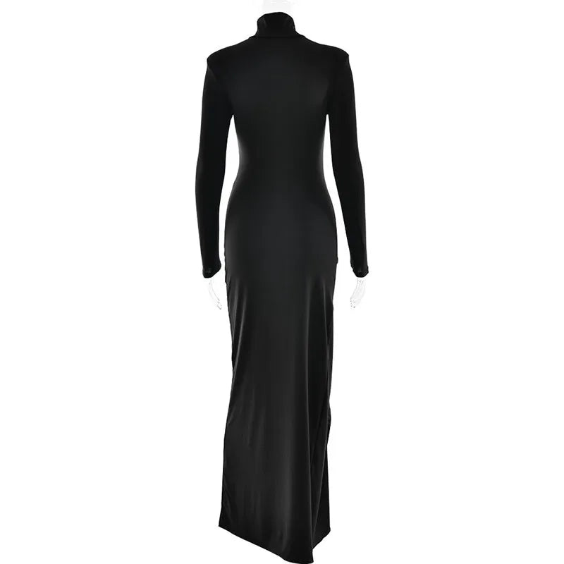 Mozision Turtleneck Thigh High Split Sexy Maxi Dress For Women Fashion Long Sleeve Draped Bandage Bodycon Club Long Dress - Smarsty
