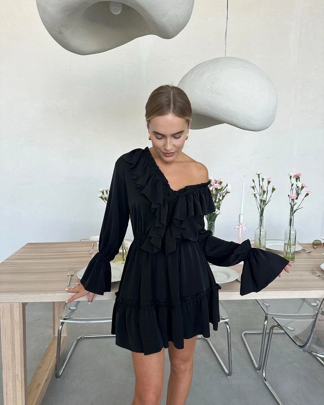 Tossy Ruffled V-Neck White Mini Dress Female Patchwork Long Sleeve Elegant Bandage Fashion Dress High Waist Lace-Up Women Dress - Smarsty