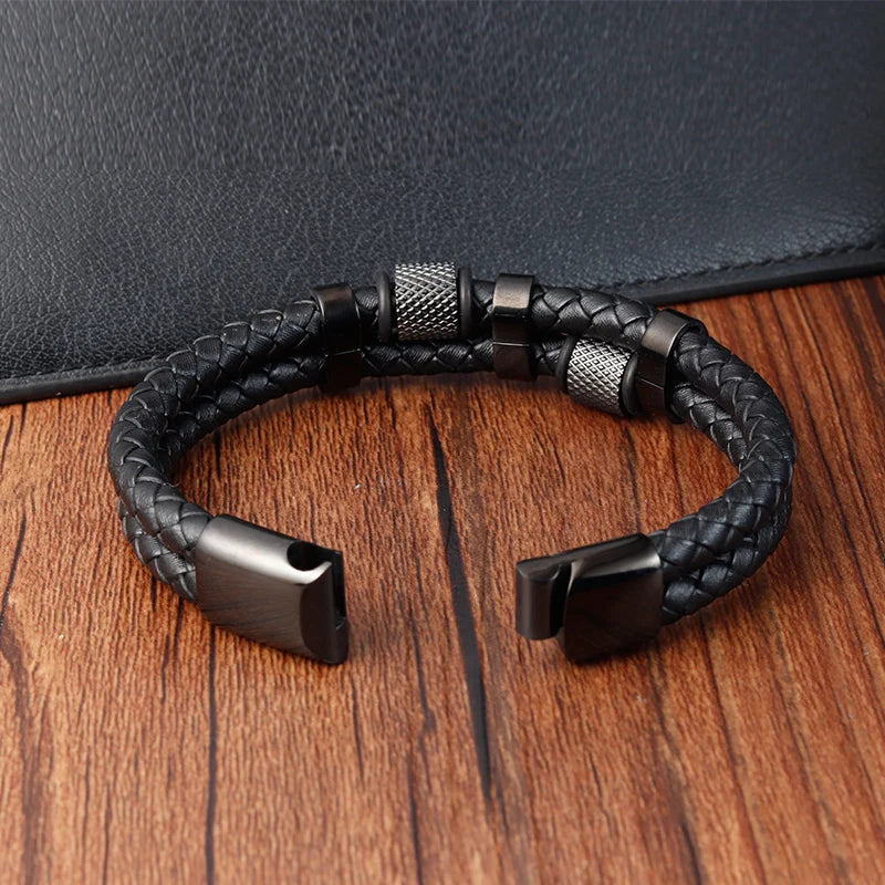 Men's Leather Charm Bracelet Stainless Steel Magnetic Clasp - Smarsty