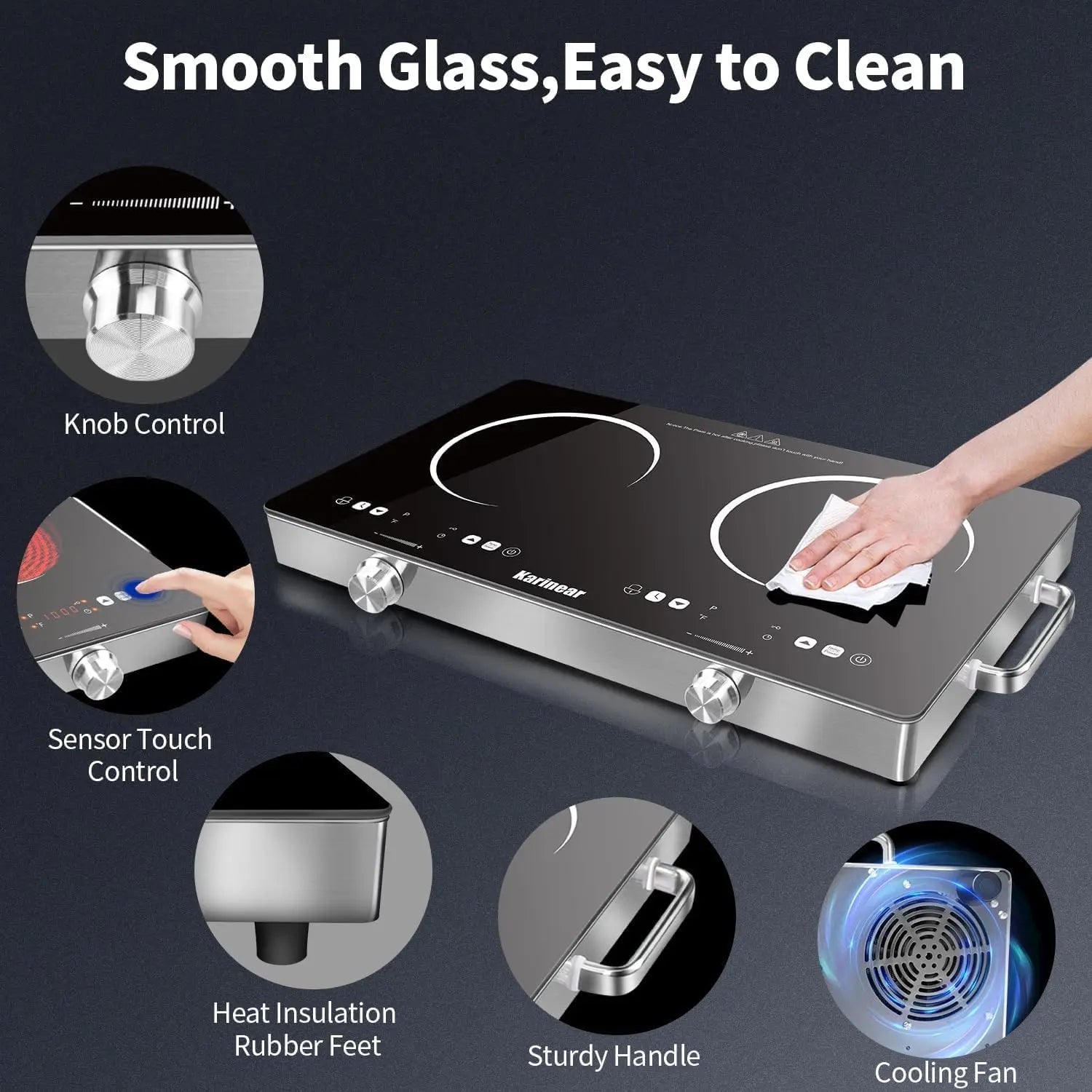 Karinear Ceramic Hob 2 Zones, 3200W Plug in Electric Hob with Safety Lock, Knobs&Touch Control, 56cm Coutertop Freestanding 240V