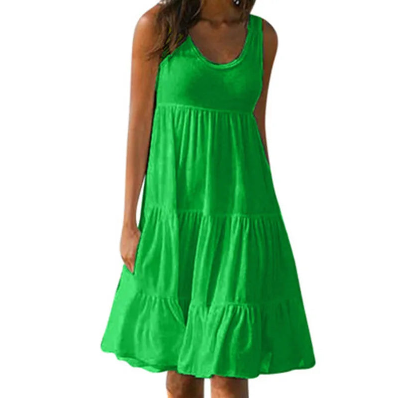 Bohemian Women's Casual O Neck Sleeveless Ruffle Mini Dress Solid Color Beach Tank Top Oversized Loose Dress Plus Size Women3029 - Smarsty