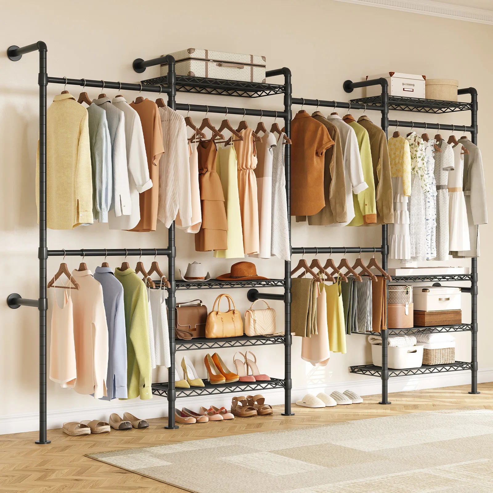 L4 Wall Mounted Industrial Pipe Clothes Rack, Closet Organizer System with Rods Expandable, Clothing Rack, Corner Garment Rack