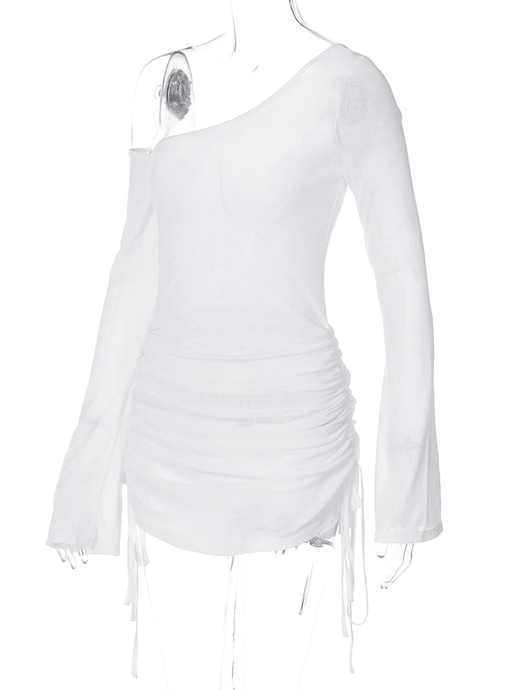 Dulzura Solid Skew Collar Ruched Straps Lace-Up See Through Draw String Mini Dress 2023 Summer Women Party Clubwear Wholesale - Smarsty