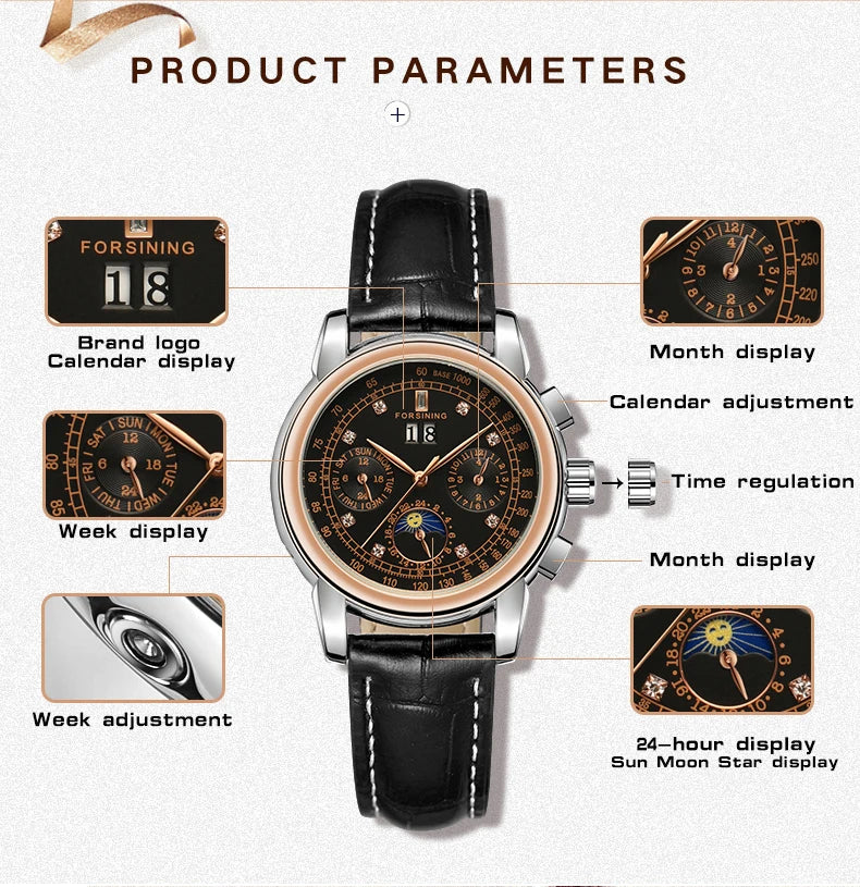 Luxury Women's Automatic Mechanical Wrist Watch with Diamond Moon Phase - Smarsty