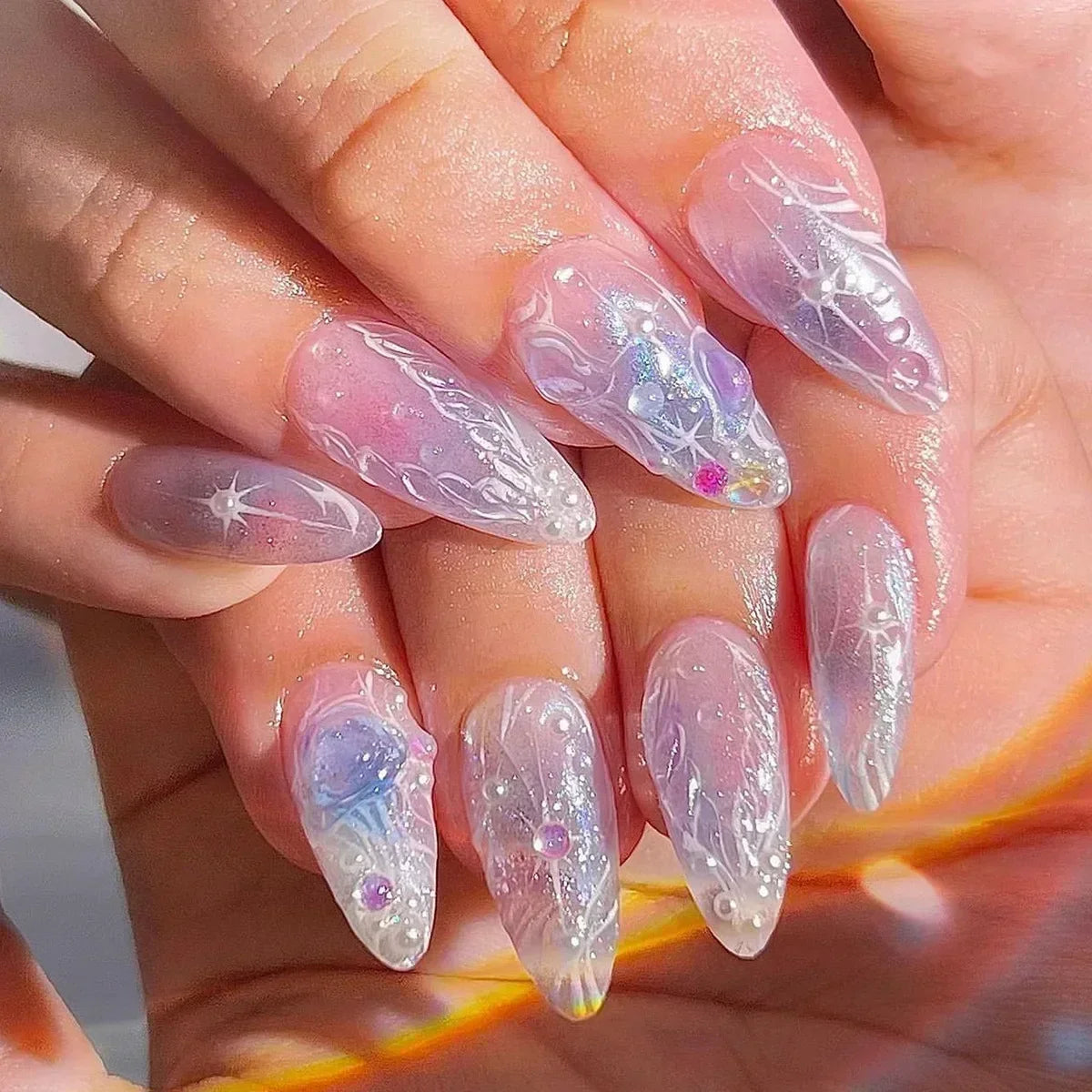 24Pcs Pink Almond False Nails with French Design - Smarsty