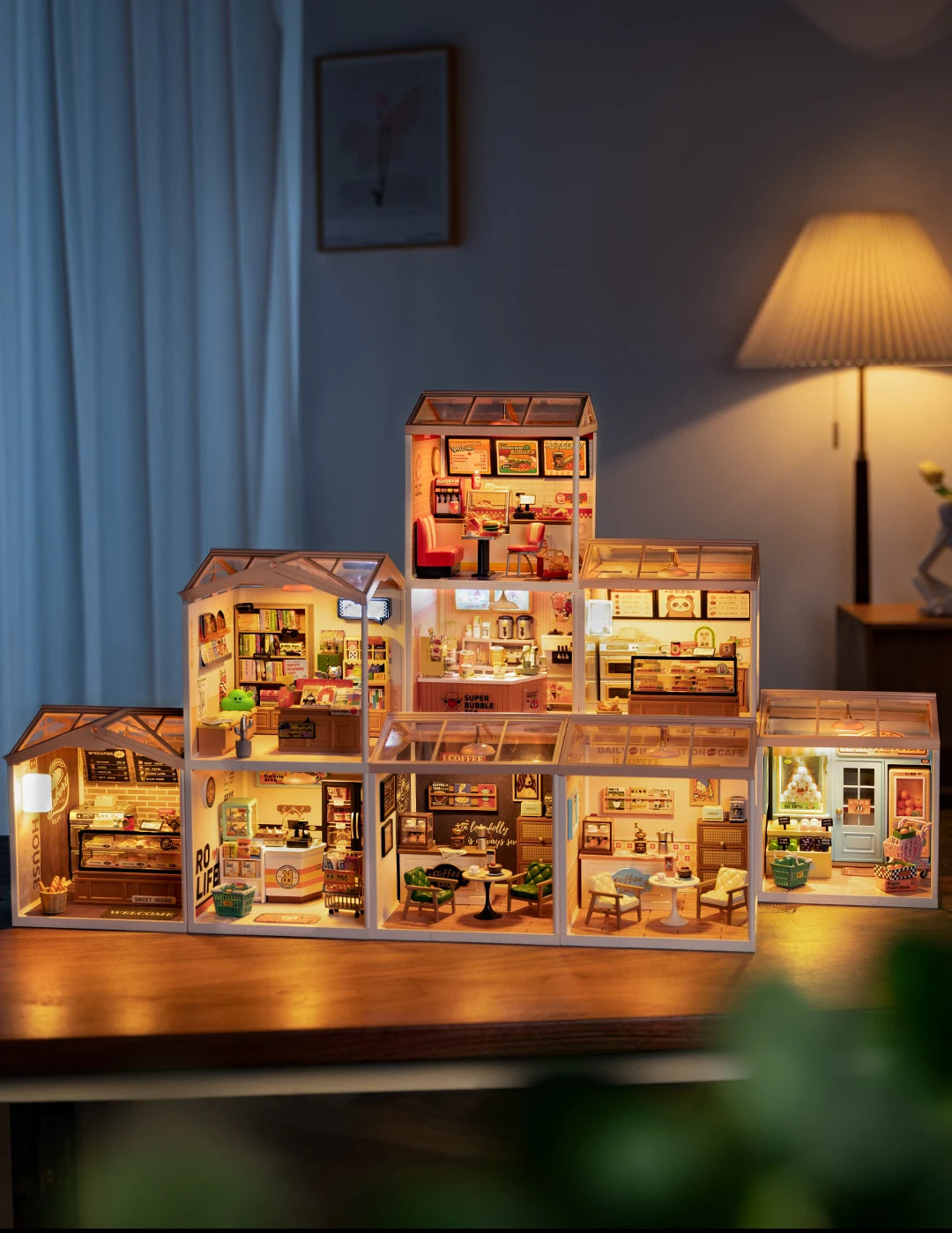 Robotime Rolife Super Creator Series Plastic Dollhouse Building Blocks for Kids Yum Burgers Leisurely Cheers Bar Sweet Sips Tea