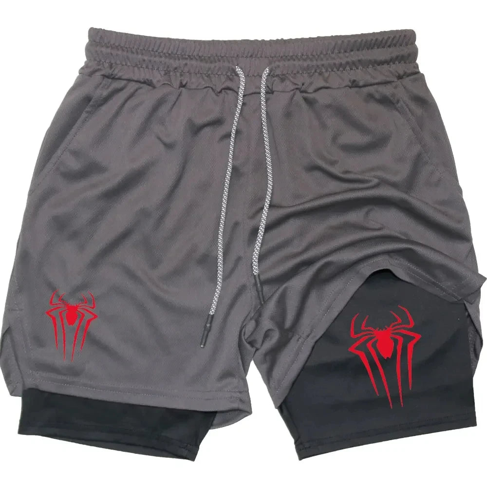 Y2K Performance Shorts Men Spider Printed GYM Casual Sports Compression Shorts Workout Running Mesh 2 In 1 Sport Short Pants - Smarsty