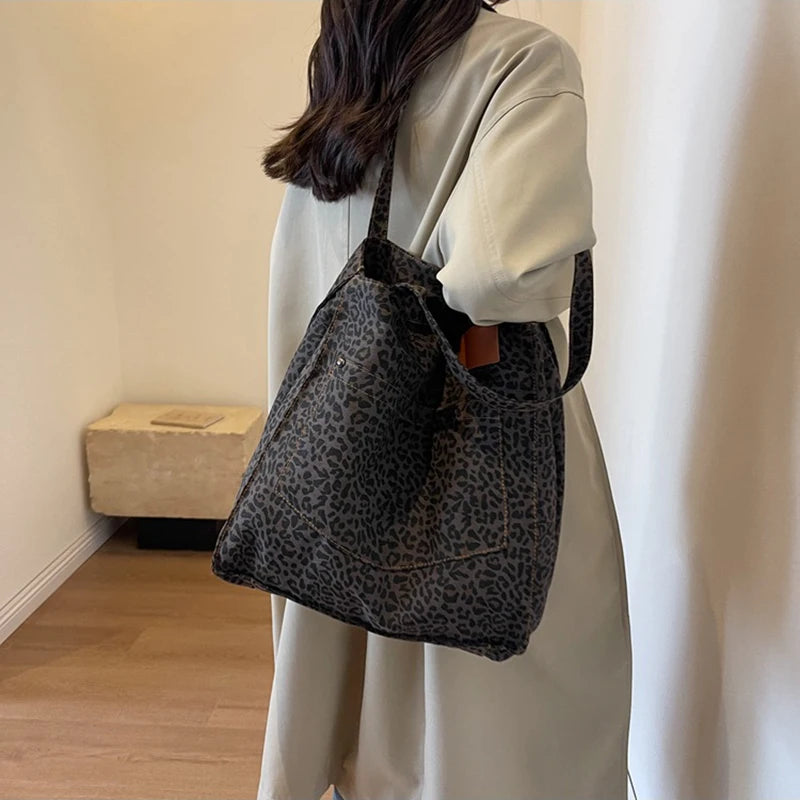 Leopard Pattern Tote Bag Vintage Canvas With Large Capacity - Smarsty