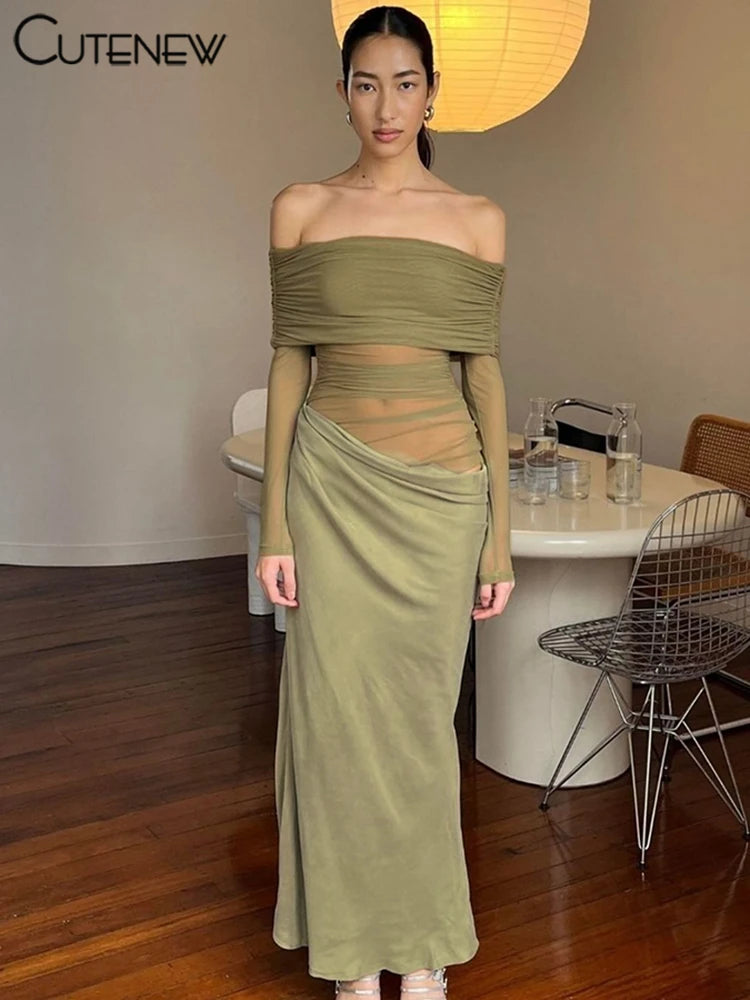 Cutenew Mesh Ruched Women Maxi Dress Sexy See Through Off Shoulder Long Sleeve Sheath Vestidos Female Midnight Party Solid Robe - Smarsty