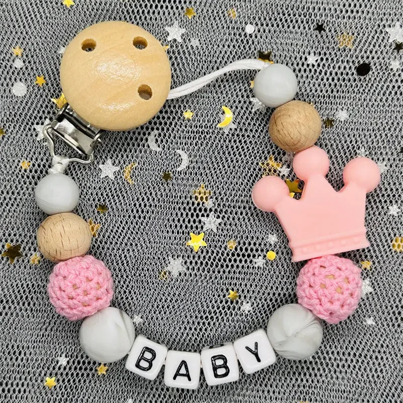 NEW Custom Personalized Name Pacifier Clip Handmade Beech Wooden Chain Silicone Crown Holder Soother Baby Teething Toy Chew Gift by Smarsty