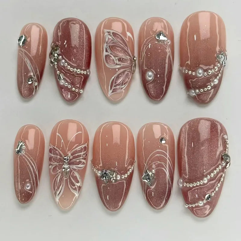Colorful Press On Almond Nails Set with Pearl Flowers - Smarsty