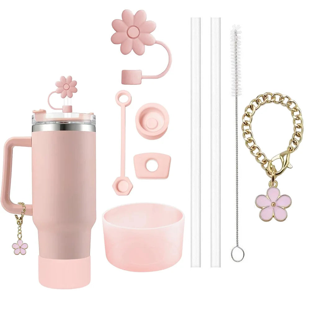 9pcs Accessories Set 3 Spill Proof Stopper Flowers Straw Cover Boot 2 Straw and Brush and 1 Flower Charm Chain for Stanley Cup - Smarsty