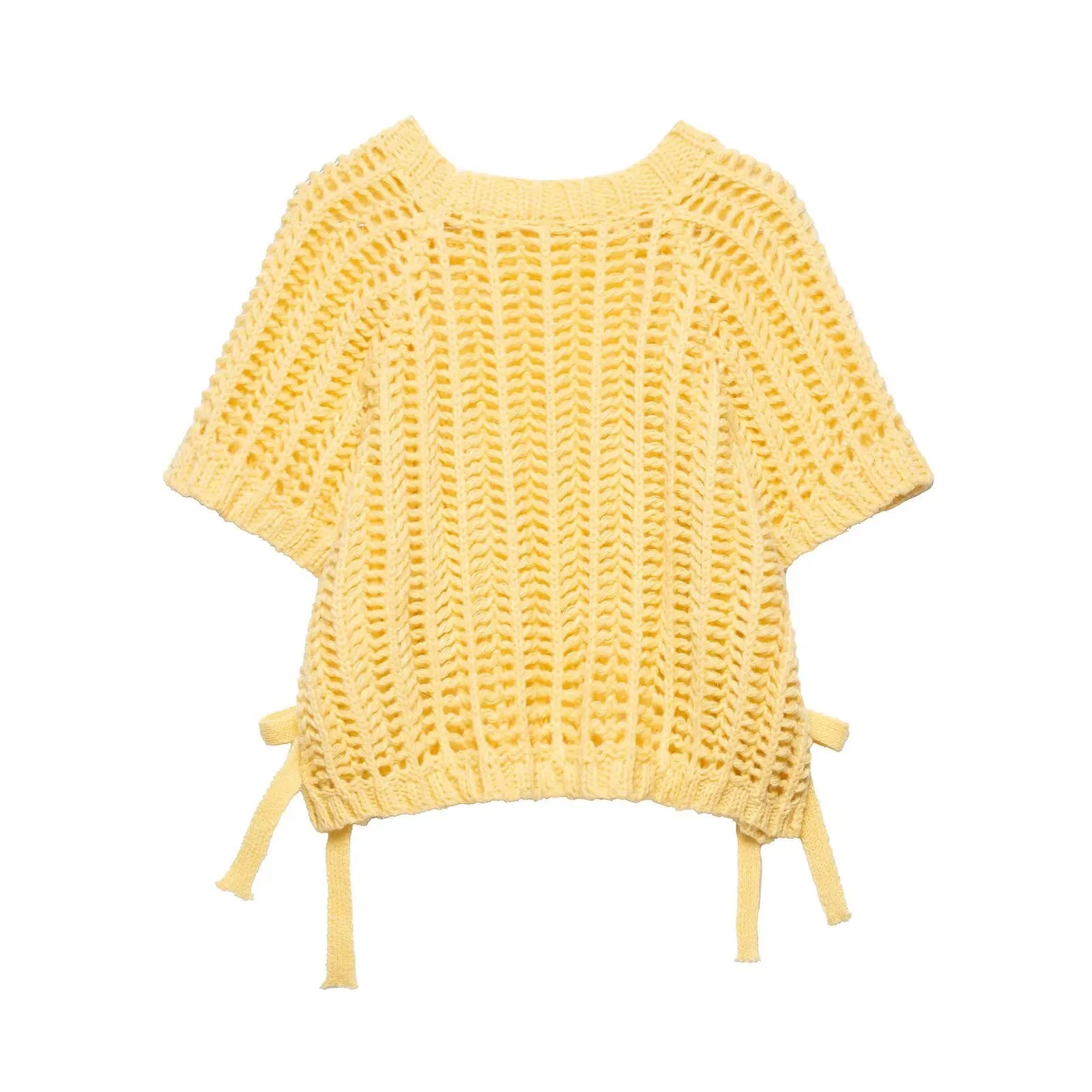 Hollow Out Knit Pullover Women Casual Round Neck Lace Up Bow Sweater Female Autumn Short Sleeves Solid Knitwears Lady - Smarsty
