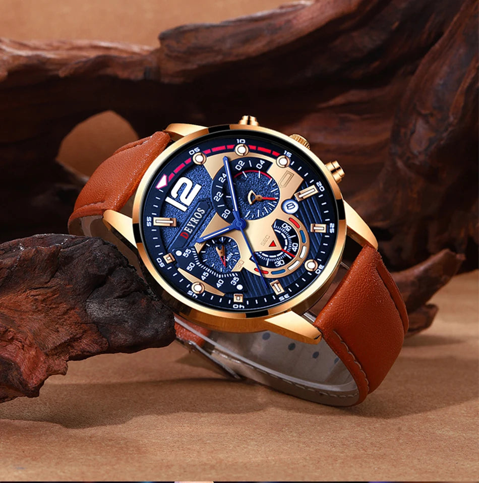 Luxury Men's Quartz Watch Set with Brown Leather Band - Smarsty