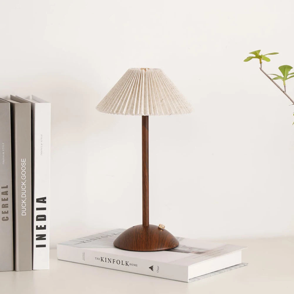 Minimalist Nightstand Light Fabric Shade Portable LED Desk Lamp Wood Base Dimmable Touch Lamp for Restaurant Bedroom Coffee Shop