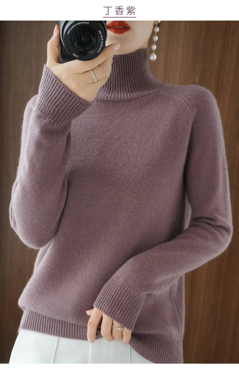 Fashion Basic Autumn Winter Merino Wool Sweater Mock Neck Cashmere Pullover Solid Color Soft Long Sleeve Clothing Tops - Smarsty