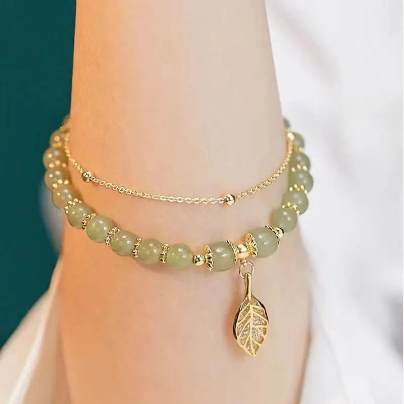 Exquisite Green Jade Bracelet for Women with Gold Leaves - Smarsty