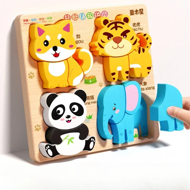 Montessori Cartoon 3D Wooden Puzzle Animal Traffic Jigsaw Toys for Kids Early Learning Educational Cognitive Game Children Gifts by Smarsty