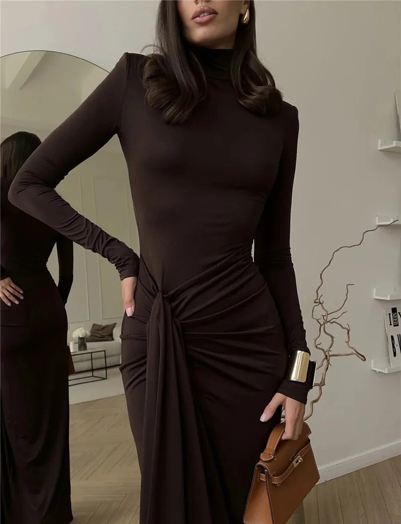 Mozision Turtleneck Thigh High Split Sexy Maxi Dress For Women Fashion Long Sleeve Draped Bandage Bodycon Club Long Dress - Smarsty