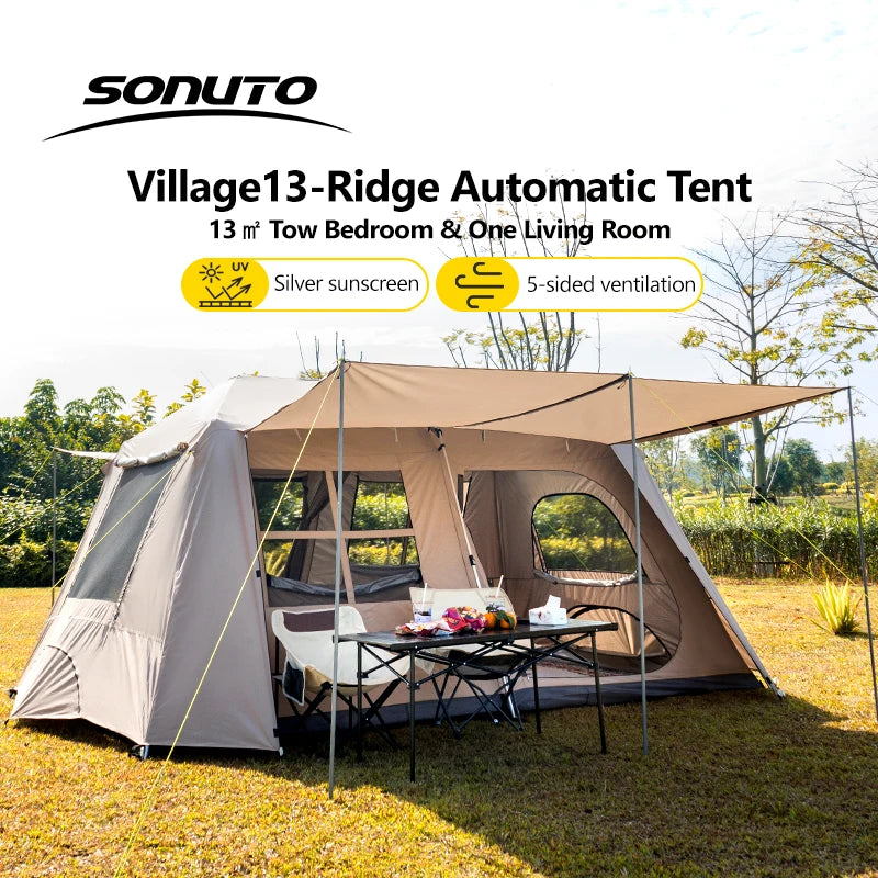 Sonuto Automatic Large Camping Tent 3-8 Person Quick Setup Double Hall Ridge Tent with Canopy for Outdoor Family Adventures by Smarsty